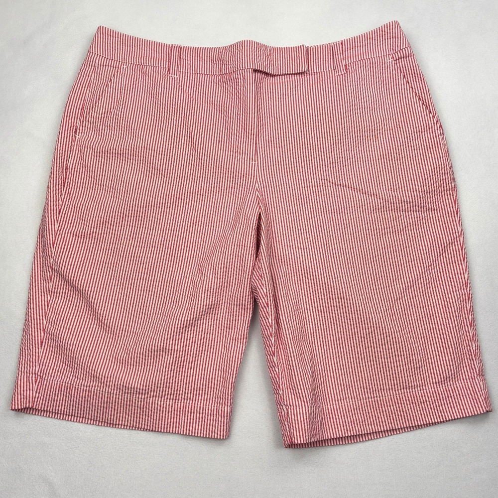 Talbots Petites Womens 14 Red White Striped Stretch Seersucker Bermuda Shorts
